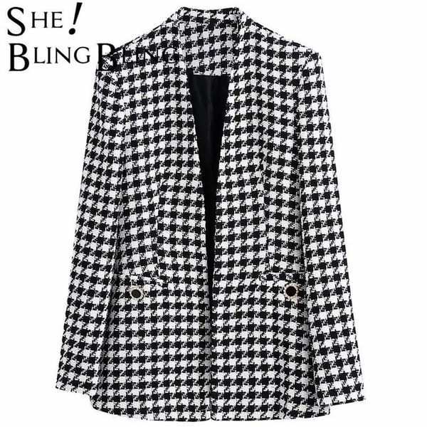 

sheblingbling za woman casual traf coats autumn v buttons open stitch houndstooth jacket female slim tweed woolen blazers 211222, White;black