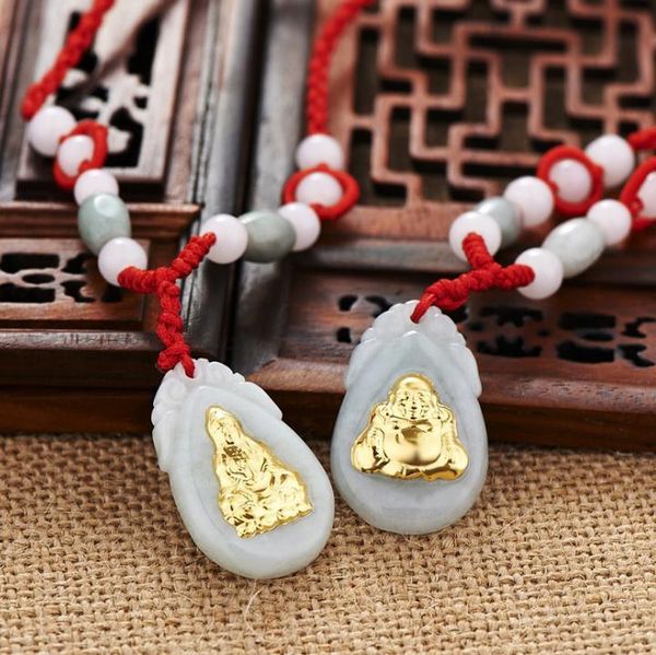 

lockets gold inlaid jade emerald pendant guanyin buddha couple h40#, Silver