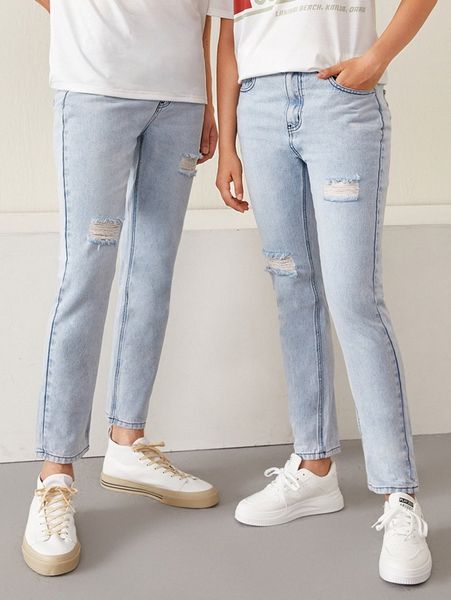 

1pc ripped slant pocket jeans o4pu#, Blue