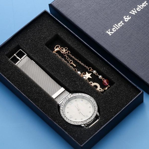 

wristwatches luxury women silver pearl dial watches gift 2 piece bracelet set for girlfriend ladies stainless band quartz wristwatch, Slivery;brown