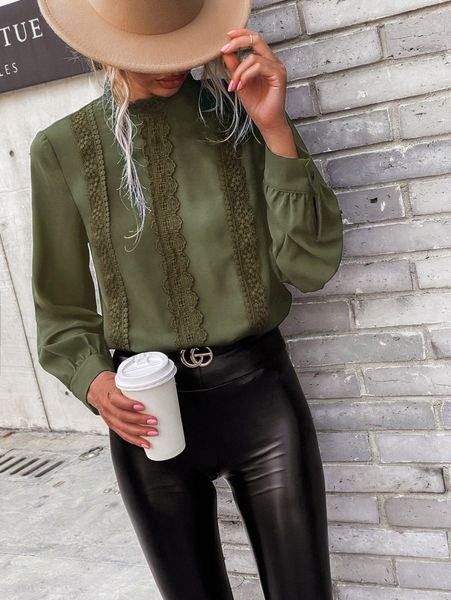 

contrast guipure lace keyhole back blouse h91k#, White