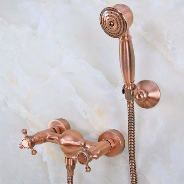 

antique red copper brass dual cross handles wall mounted bathroom hand held shower head faucet set mixer tap ana295 sets