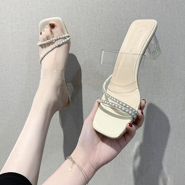 

slippers summer slipper women peep toe slides fashion shoes woman crystal pearl clear transparent square high heels, Black