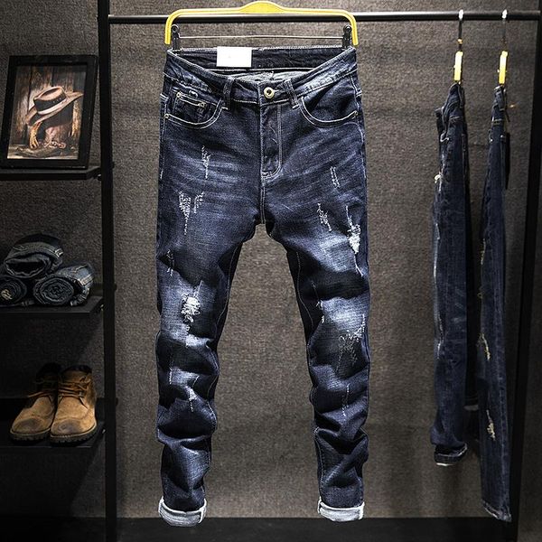 

men's jeans elastic feet leisure trend slim trousers holes korean version, Blue