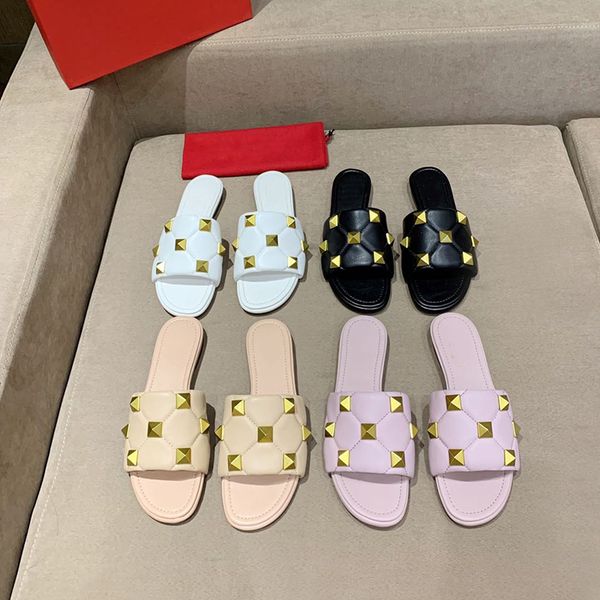 

luxury designer ladies slippers leather metal rivets solid color fashion flat shoes outer wear summer outdoor beach ladies sandals, Black