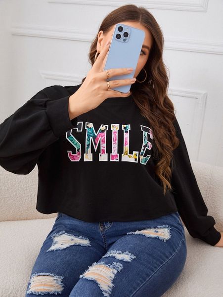 

plus letter print drop shoulder pullover y5p8#, Black