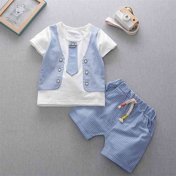 Estate neonati maschi vestiti manica corta cravatta finta stampa top camicie + pantaloncini a righe set di abbigliamento per bambini 13 210326