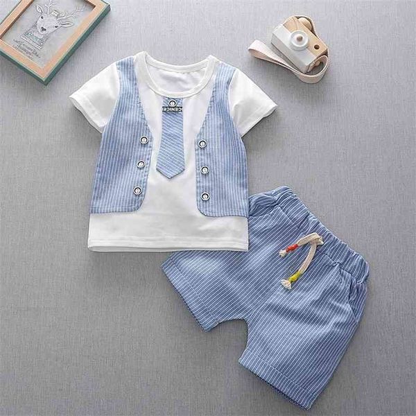 

summer baby boys clothes short sleeve fake tie print shirts+striped shorts kid clothing sets 13 210326, White
