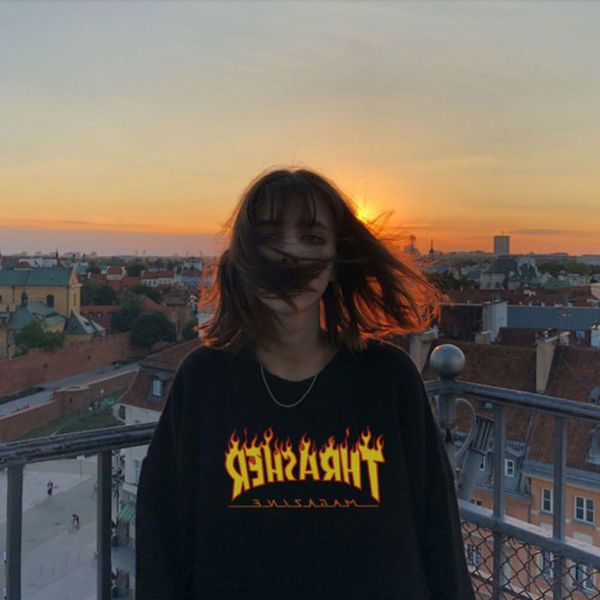 

european and american fashion brand flame hoodie fall/winter plus velvet loose men and women round neck pullover, Black