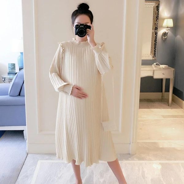 

maternity dresses chiffon pleated long pregnancy dress casual loose clothes for pregnant women fashion plus size, White