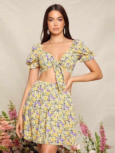 

allover floral print flounce sleeve tie front crop & skirt set q432#, White