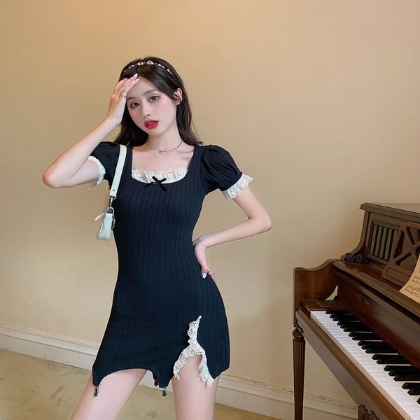 

2021french lace stitching jersey dress summer platycodon grandiflorum fairy dress 2021 new temperament dress, Black;gray