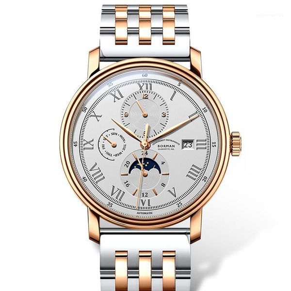 

wristwatches switzerland borman automatic mechanical men's watches waterproof sapphire moon phase multi-function clocks bm801, Slivery;brown