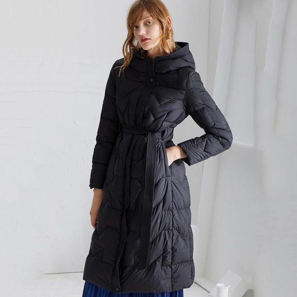 

women's fur & faux 2021 autumn/winter fashion hooded belt waist slim mid-length down jacket mid-thick autumn, Black