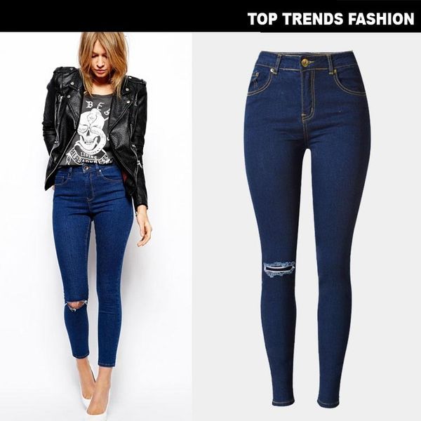 

knee hole jeans women's slim leggings beggar's pants oversize, Blue