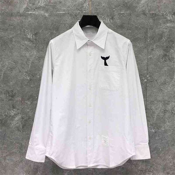 

shirt fashion tb thom brand shirts men long sleeve casual shirt turn down collar oxford whale embroidery white men's clothing, White;black
