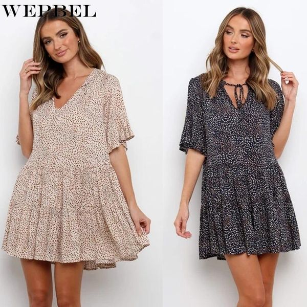 

ethnic clothing wepbel women summer print mini dress ladies elegant short sleeve v neck pleated sundress, Red