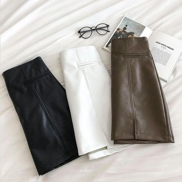 

skirts pu leather short skirt female autumn winter korean style thin all-match high waist a-line bag hip split anti-emptied, Black
