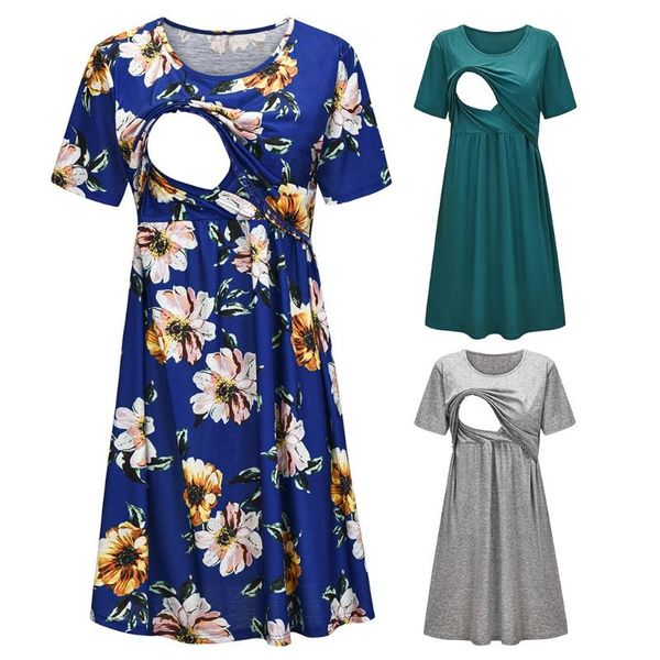 

women's dress pregnant maternity dresses short sleeve floral print nursing for breastfeeding pregnancy clothes robe femme, White