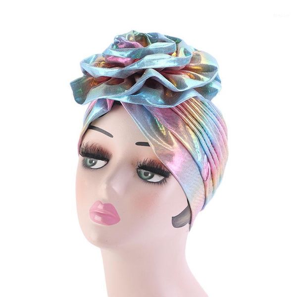 

laser silky colorful flower turban for women muslim headscarf hat chemo headwrap bonnet salon accessories1