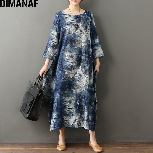 

casual dresses dimanaf women summer dress plus size femme elegant lady vestidos vintage style loose clothing linen print blue long 2021, Black;gray