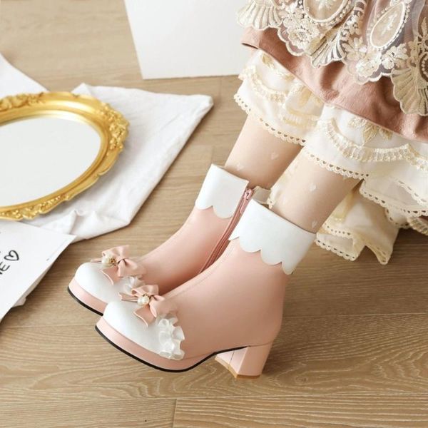 

boots womens platform ankle block heel bowknot lace lolita sweet shoes match colors girls warm winter plus size 2022, Black