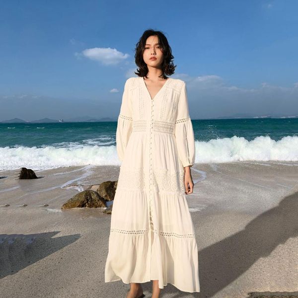 

fairy v-neck dress women's summer waist slim french platycodon skirt temperament holiday beach f550 two piece, White