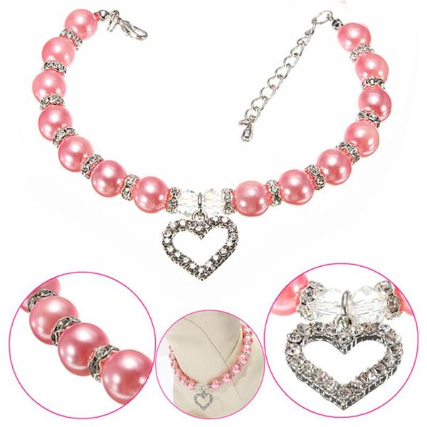 

diamand heart rhinestone pendant pearl necklace collar pet jewelry dog supplies collars & leashes
