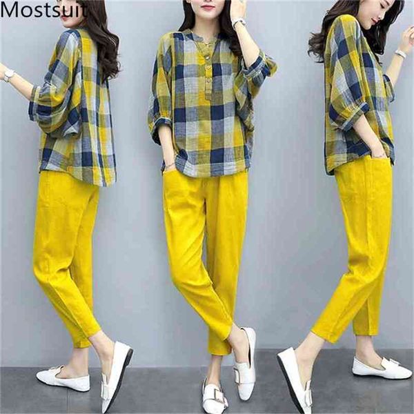 S-3XL Frühling Sommer Gelb Zweiteilige Sets Frauen Plus Größe Plaid Blusen Hemden und Hosen Anzüge Casual Mode Elegante Koreanische set 210513