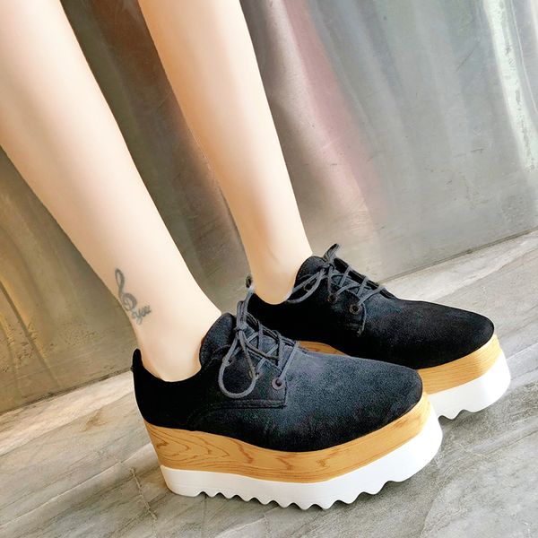 

flat platform oxford shoes woman loafers 2021 spring women shoes lace up thick high heels increased solid flock casual shoes a3, Black