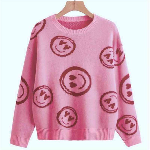 

autumn winter pink smiley face sweater womens knitted round neck female korean loose oversized short bottoming sweaters, White;black