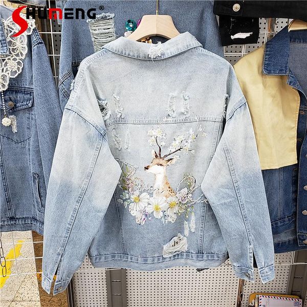 

women's jackets 2021 spring autumn korean style loose slimming printed female denim coat women beads ripped fashion streetwear jeans ja, Black;brown