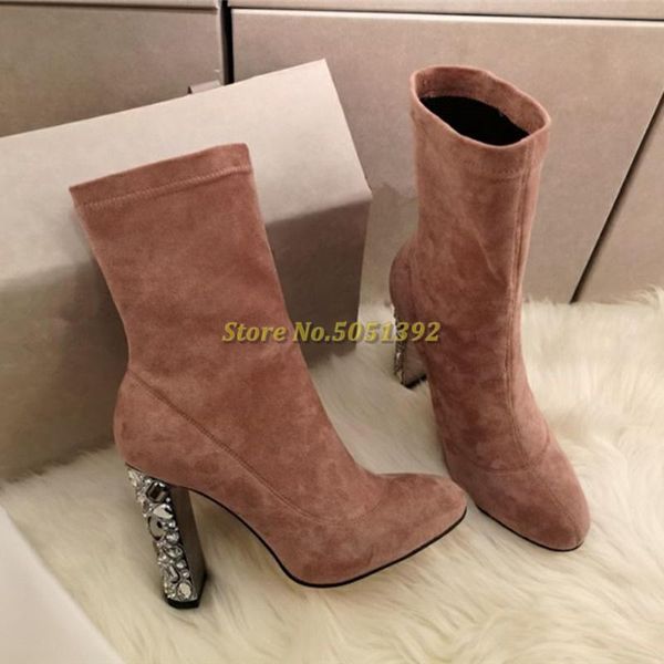 

boots crystal block heel ankle booties slip on round toe suede brown black flock sock saquar custom made shoes