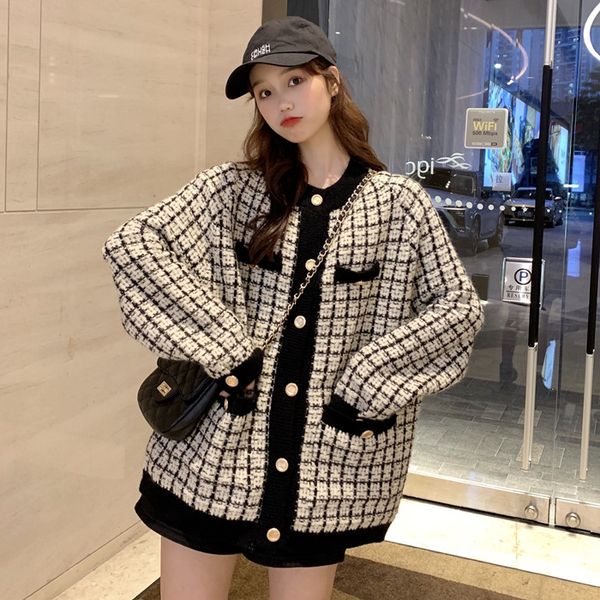 

[ewq] autumn 2021 new sweater coat retro shirt check long sleeve single breasted plaid loose knit cardigan tide ladies qb321, White;black