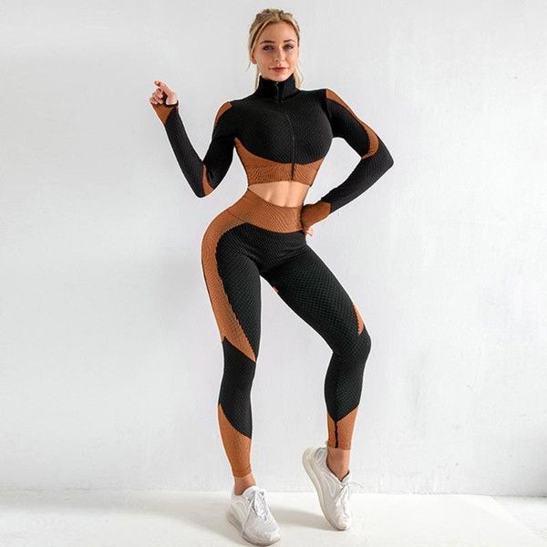 

3pcs women seamless gym set yoga clothes bra suits clothing female fitness sport long sleeve suit running 04, Black;yellow