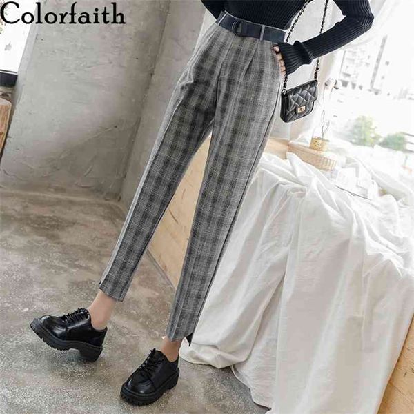 

autumn winte women pants high waist straight pockets check irregular with belt ankle-length trousers p7235 210427, Black;white
