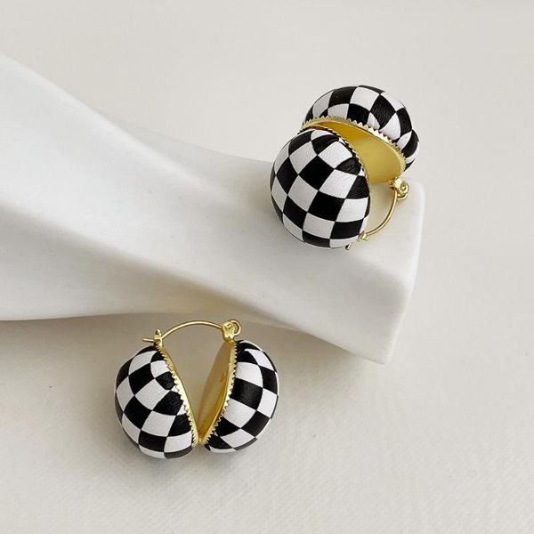 

hoop & huggie lifefontier vintage black white plaid earrings for women gold color metal leather ear buckle korean fashion jewelry, Golden;silver