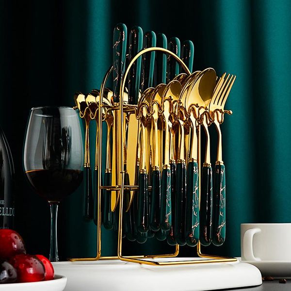 

dinnerware sets 24pcs stainless steel gold tableware set knife fork spoon luxury cutlery with storage rack dishwasher safe