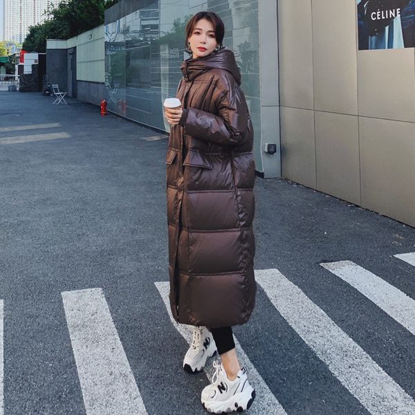 

leather korean women's clothes oversized warm winter with long fashion hood down padded bright female released jacket y618 4fu1, Black