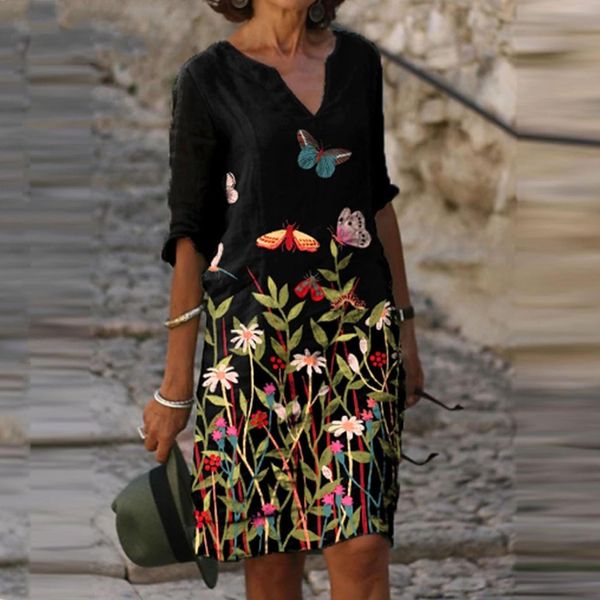 

s0 womens dresses plus size for women vintage floral printed half knee length sleeve v neck summer dress fashion straight, Black;gray