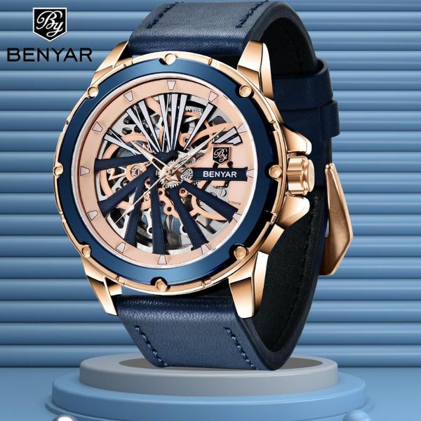 

wristwatches benyar 2021 automatic mechanical watch men's watches business fashion leather waterproof, Slivery;brown
