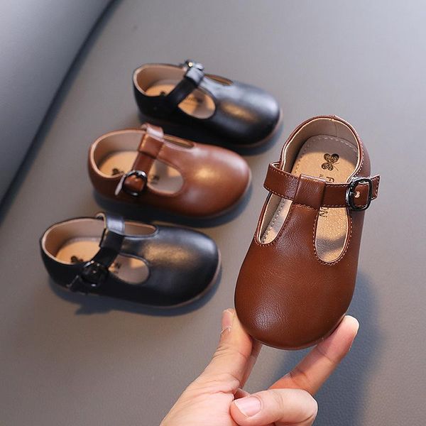 

flat shoes autumn baby girls leather princess soft sole round toe 1-3 children, Black;grey
