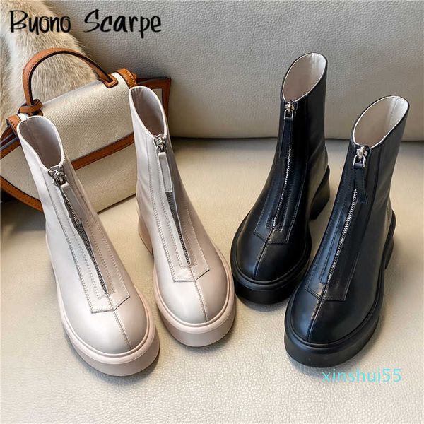 

autumn winter fashion casual comfortable platform ankle boots genuine leather plush short women front zip flat shoes 0315, Black