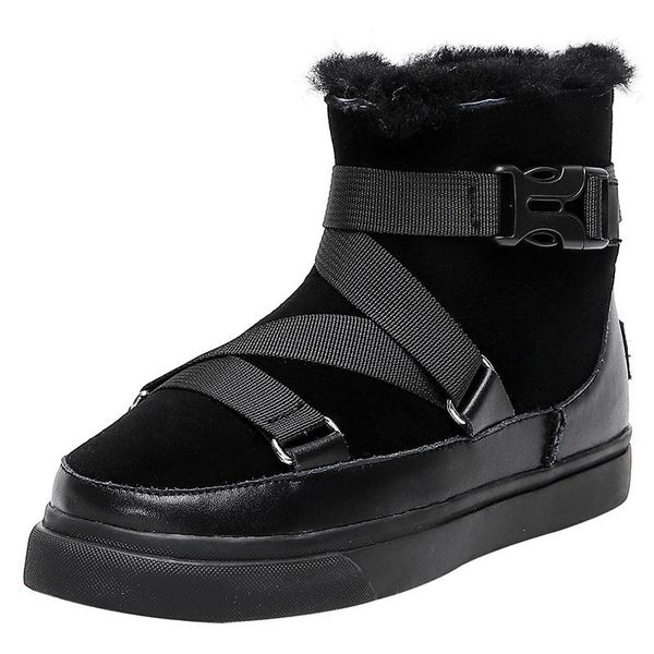 

boots 2021 winter women's snow chunky flat heeled ladies shoes with buckle strap cow suede plush fashion gray black camel