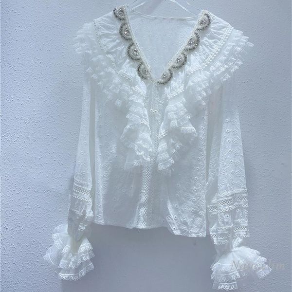 

women's blouses & shirts sweet lace shirt for women diamond beaded v collar blusas femme elegant stitching bottoming fresh cute top, White