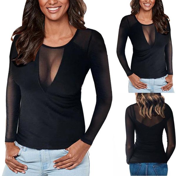 Blusas femininas camisas sexy mulheres sheer malha tops manga longa Preto ver passagem de festa de moda verão sem mangas