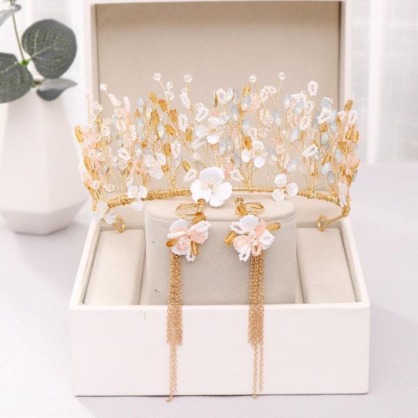 

wedding jewelry sets baroque vintage gold rhinestone pearl flower bridal crowns handmade tiara crystal diadem crown earring set hair accesso, Slivery;golden