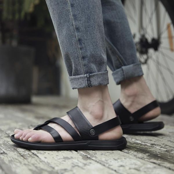 

sandals fashion men's strappy flip-flop flat casual shoes black white beach non-slip leather slip on b3