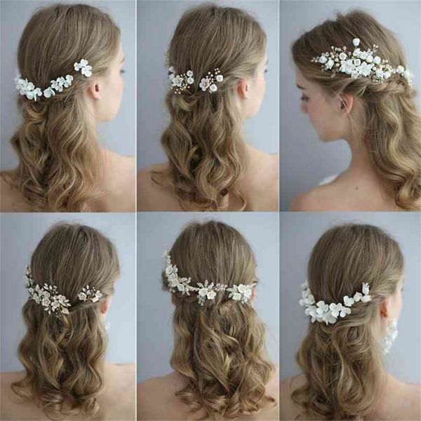 Ins Verkauf zarte Porzellan Blume Hochzeit Haarschmuck Keramik Blumen Braut Kamm Pins handgemachte Frauen Prom Kopfschmuck 210707