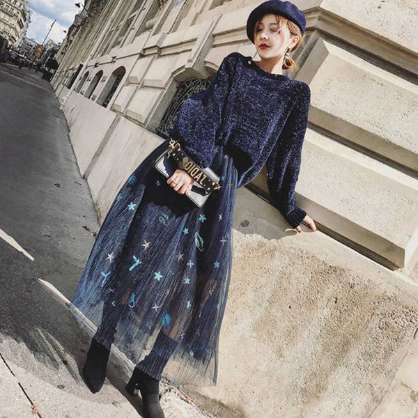 

two piece dress autumn winter women romantic shining sweater + skirt appliques mesh elastic waist suit 2 set 2oor, White